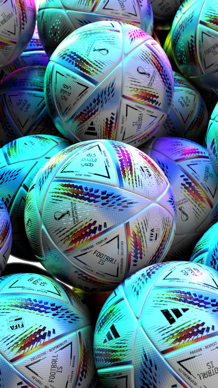 Eye-catching display of vibrant FIFA World Cup soccer balls, highlighting sports equipment details.